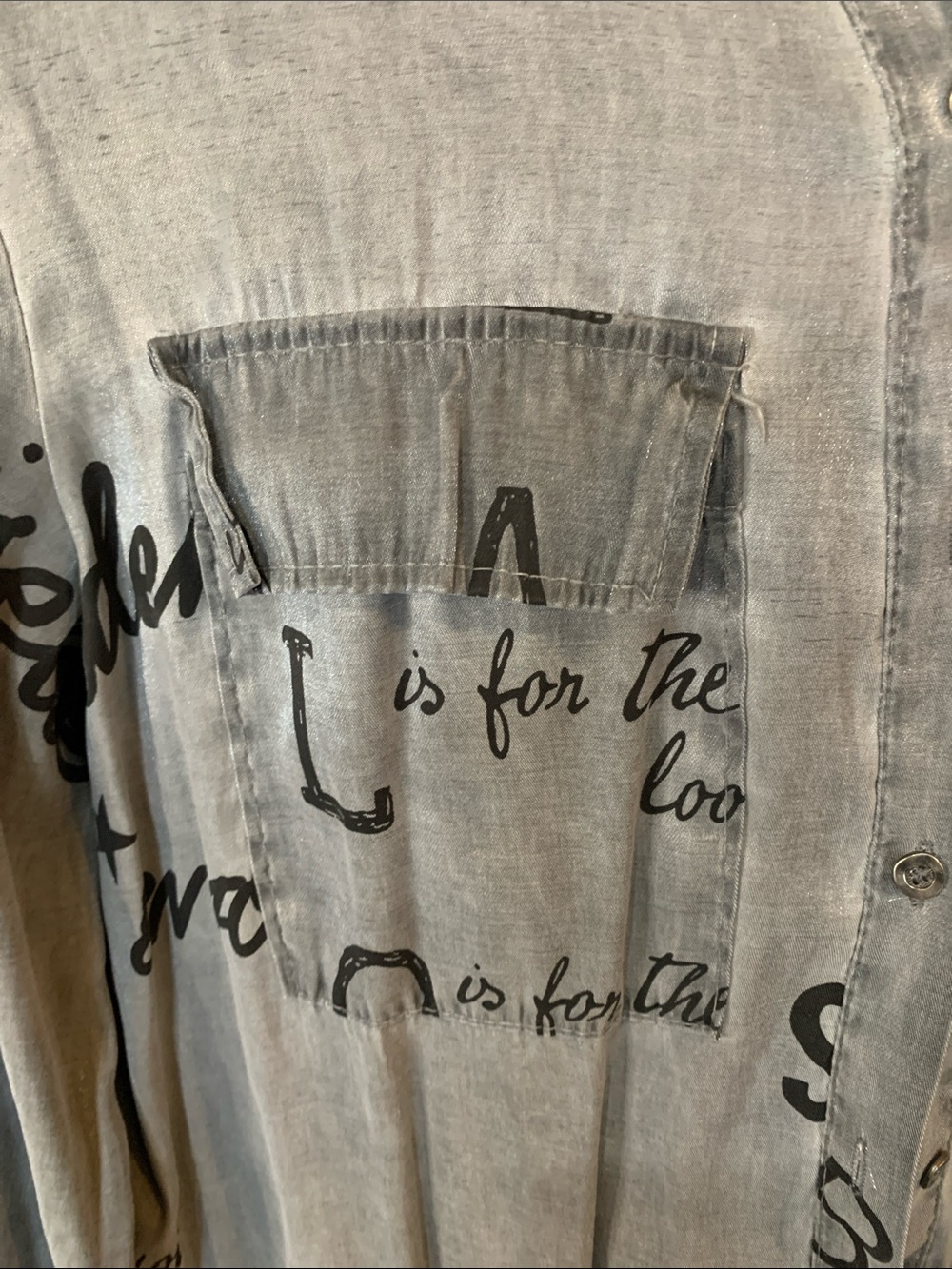 Grey Script-Print Men's Button Shirt - Picture 3 of 6